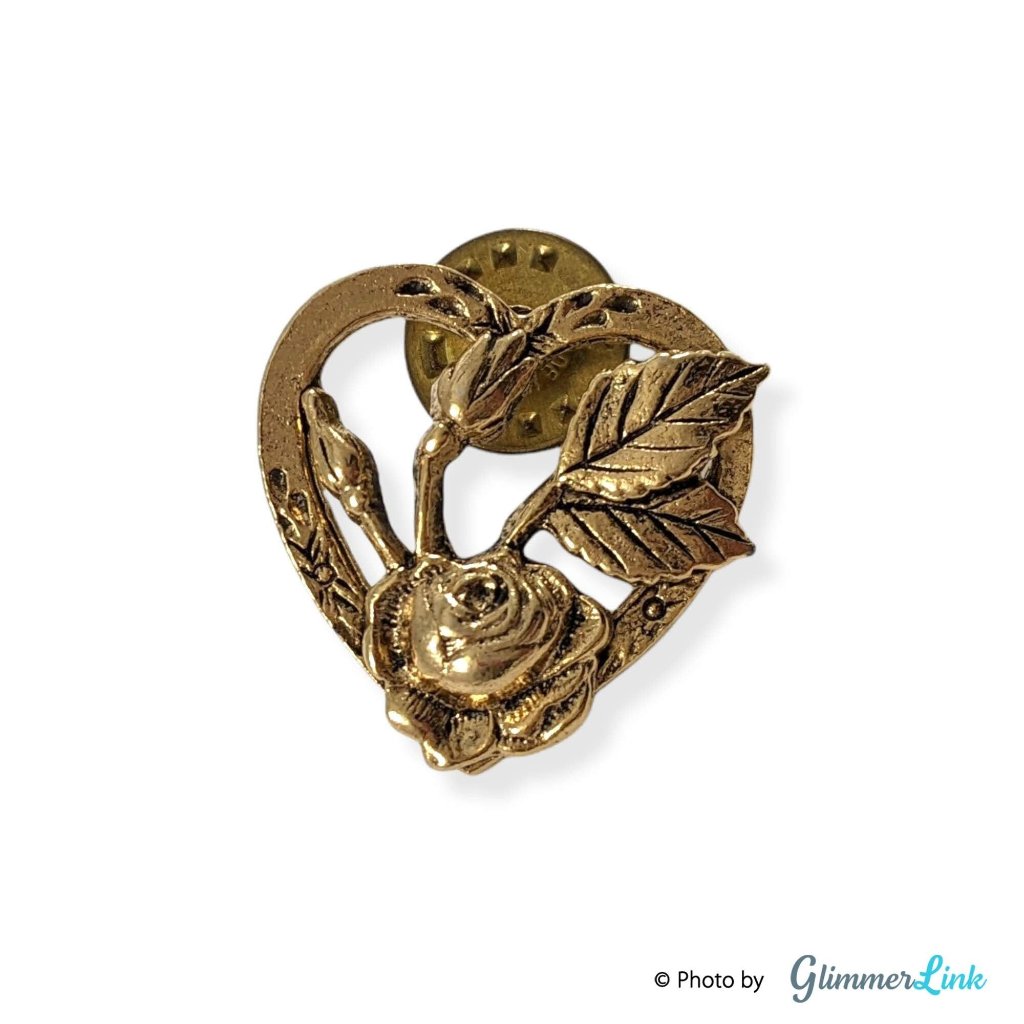 Vintage Camco Heart Roses Antiqued Gold Tone Lapel Pin Tie Tack